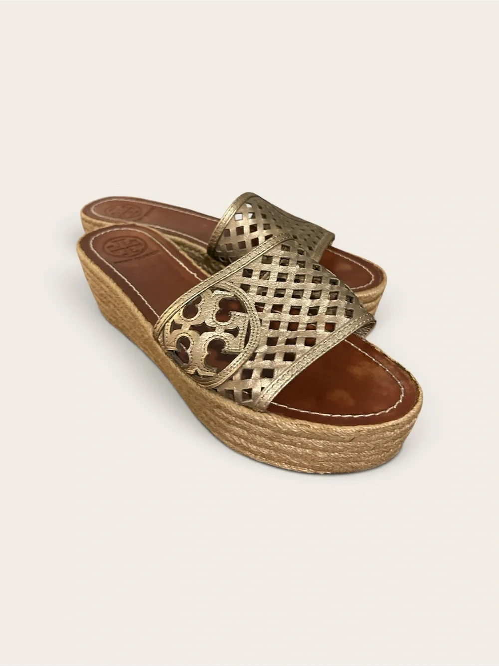 ✨ Tory Burch Thatched Gold Perforated Leather Espadrille Wedge Slides EUC Size L